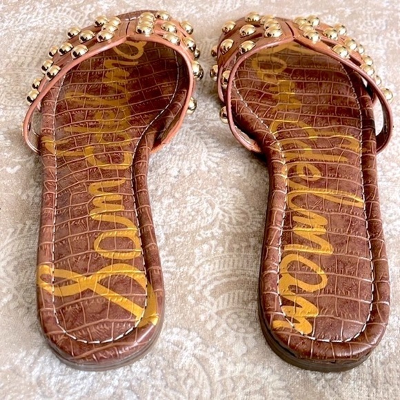 Brand New Sam Edelman Genuine Leather Sandals Cognac w/ Gold Tone Studs - Picture 7 of 14